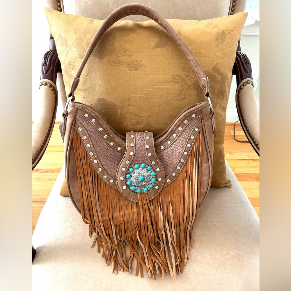 Western Fringe Turquoise Rhinestone Studded Brown Vegan Leather Shoulder Bag